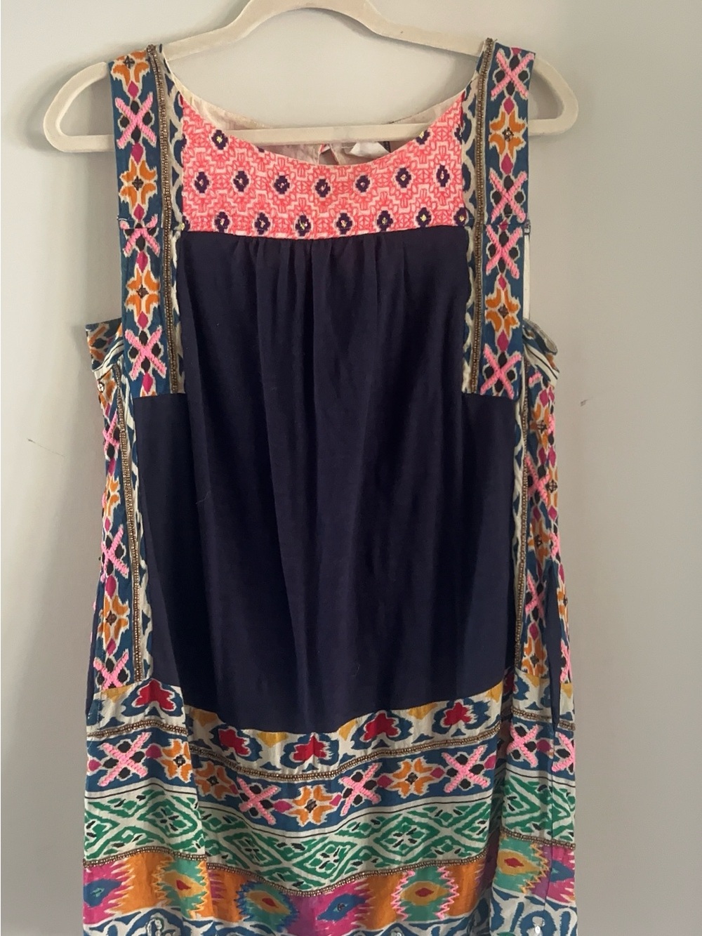 Anthropologie Navy Tunic with Pink, Teal & Orange Embroidery